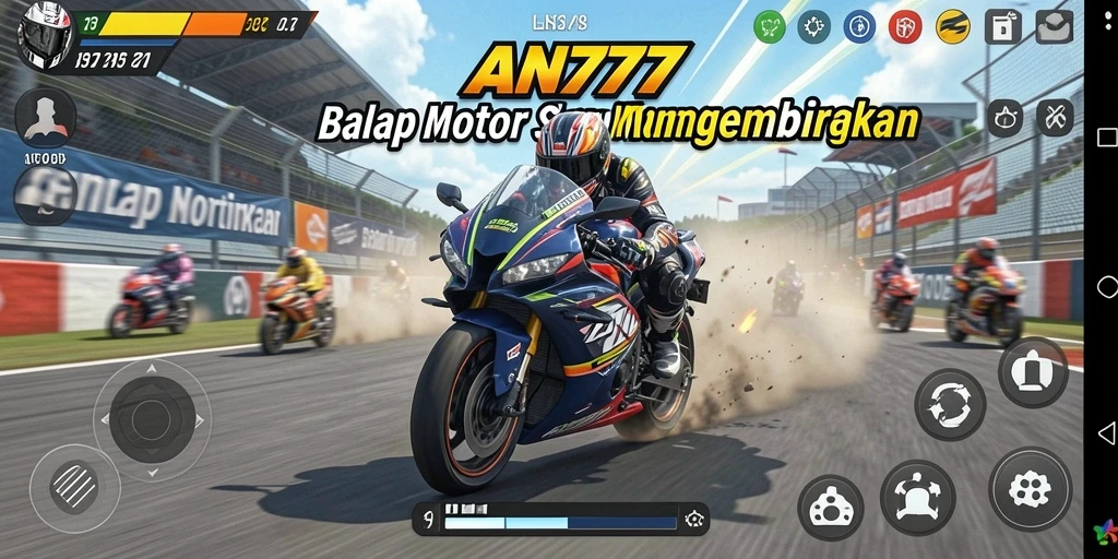 Screenshot AN777 menampilkan aksi balap motor yang mendebarkan.