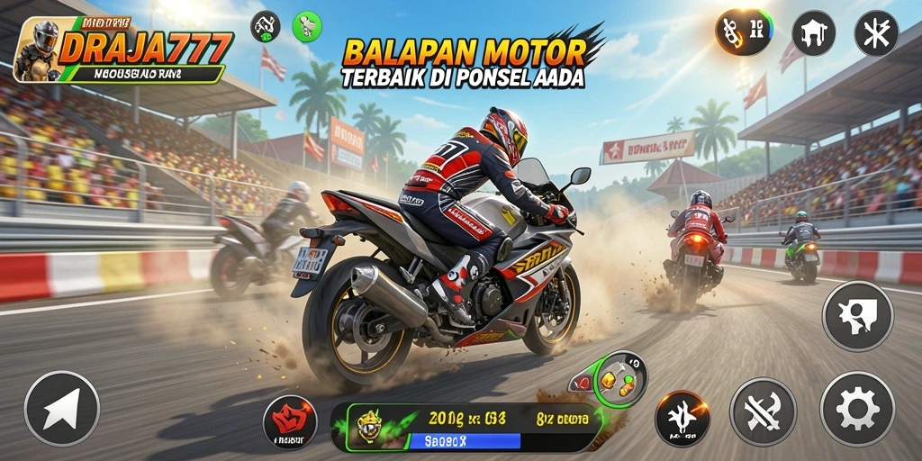 Screenshot gameplay DRAJA777 menampilkan balapan motor yang seru.