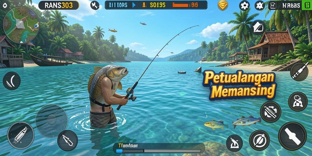 Screenshot gameplay RANS303 menampilkan keseruan memancing di tengah alam.