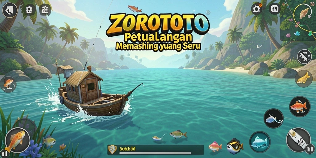 Screenshot gameplay ZOROTOTO yang menunjukkan aksi memancing yang seru.